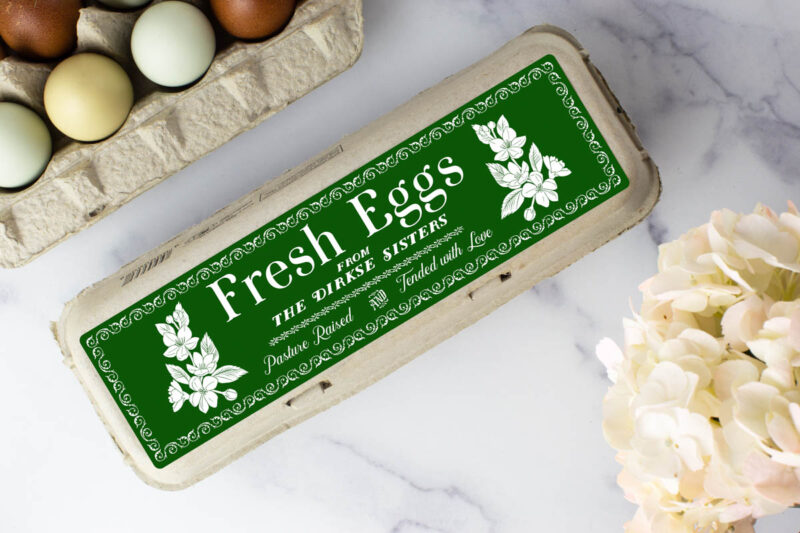Vintage Floral Egg Carton Label in green on a standard sized full dozen egg carton label.