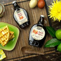 Customizable Vintage Style Maple Syrup Labels - shown on bottles of maple syrup with waffles and eggs with a decorative background.