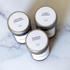 Spice jar tops with modern white labels