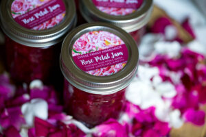 Rose Petal Jam (Rose Petal Confit) in Jars with fresh rose petals