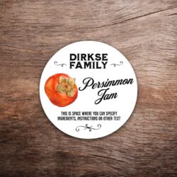 Customizable persimmon label featuring persimmon illustrations on a white background with black text. This photo shows a round label. All text on the label is customizable.