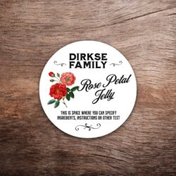 Customizable rose petal label featuring pink and red rose illustrations on a white background with black text. This photo shows a round label. All text on the label is customizable.