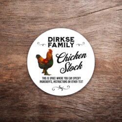 Customizable chicken label featuring illustration of a Copper Marans rooster on a white background with black text. This photo shows a round label. All text on the label is customizable.