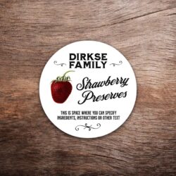 Customizable strawberry label featuring watercolor strawberry graphics on a white background with black text. This photo shows a round label. All text on the label is customizable.