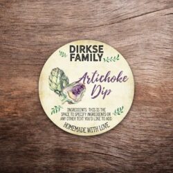 Customizable artichoke label featuring artichoke illustrations on a vintage paper background. This photo shows a round label. All text on the label is customizable.