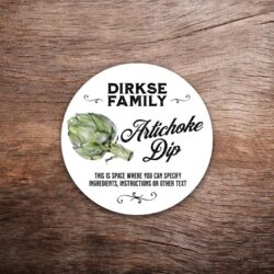 Customizable artichoke label featuring watercolor artichoke graphics on a white background with black text. This photo shows a round label. All text on the label is customizable.