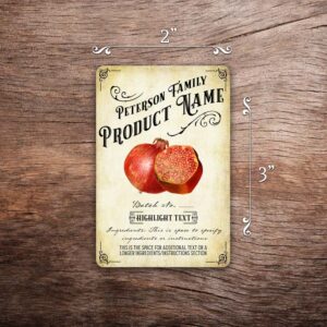 Customizable pomegranate label featuring pomegranate graphics on a vintage paper background. The label in this photo measures 2 inches wide by 3 inches tall. All text on the label is customizable.