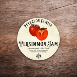 Customizable persimmon label featuring persimmon graphics on a vintage paper background. The label in this photo shows a round label. All text on the label is customizable.